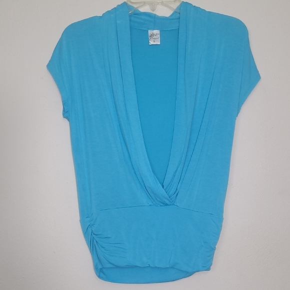 🌊 Happie² Sky Blue Drape Front Blouse Size S Soft Stretch Rayon Deep Cowl Neck - Picture 2 of 9